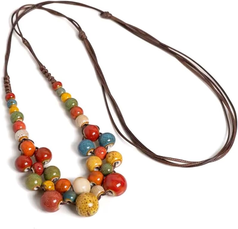 KURTCB Boho Hippie Ceramic Beaded Necklace for Women Statement Chunky Bohemian Fall Colorful Beads Strand Summer Necklace - Image 3